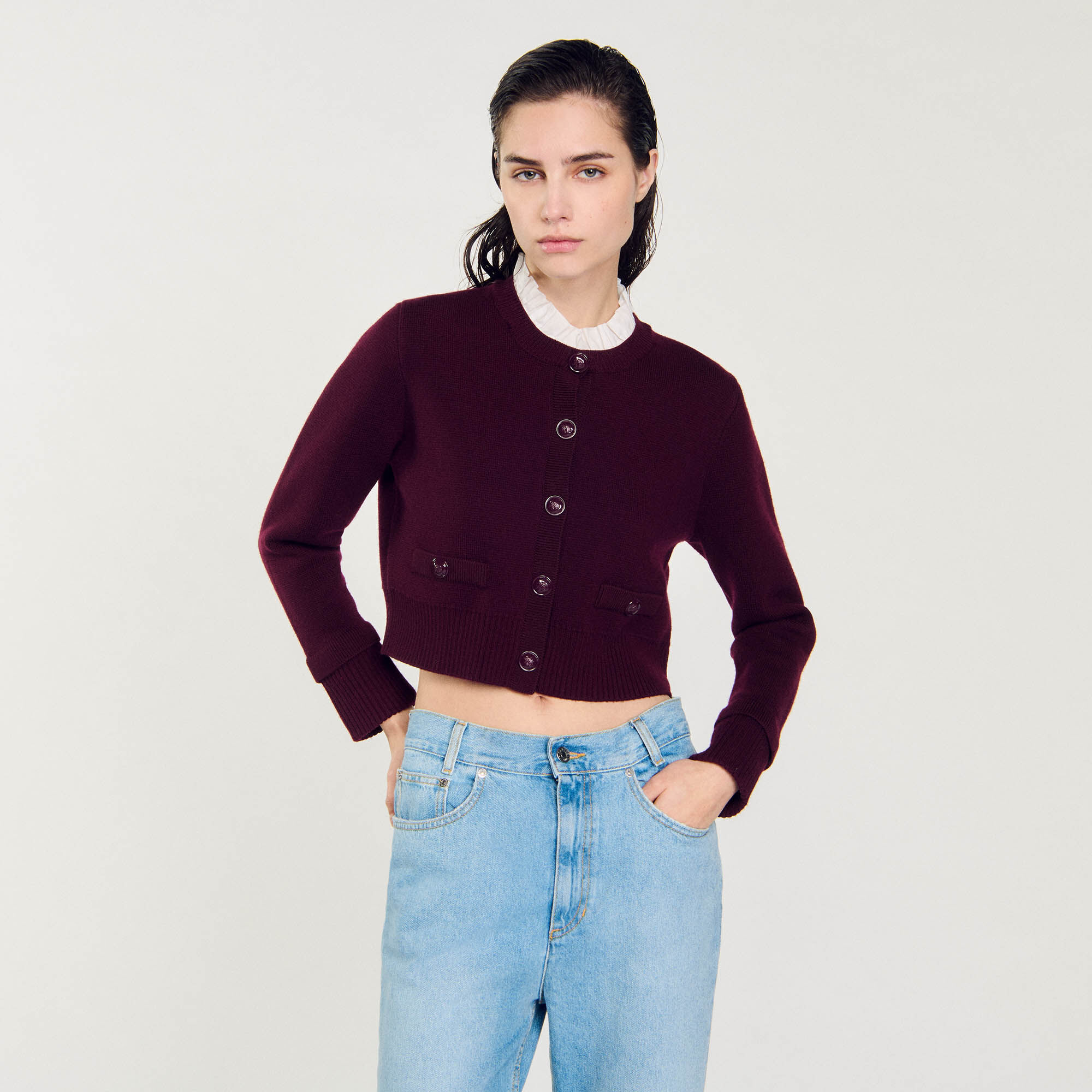 Gebreid vest met kraag met ruches