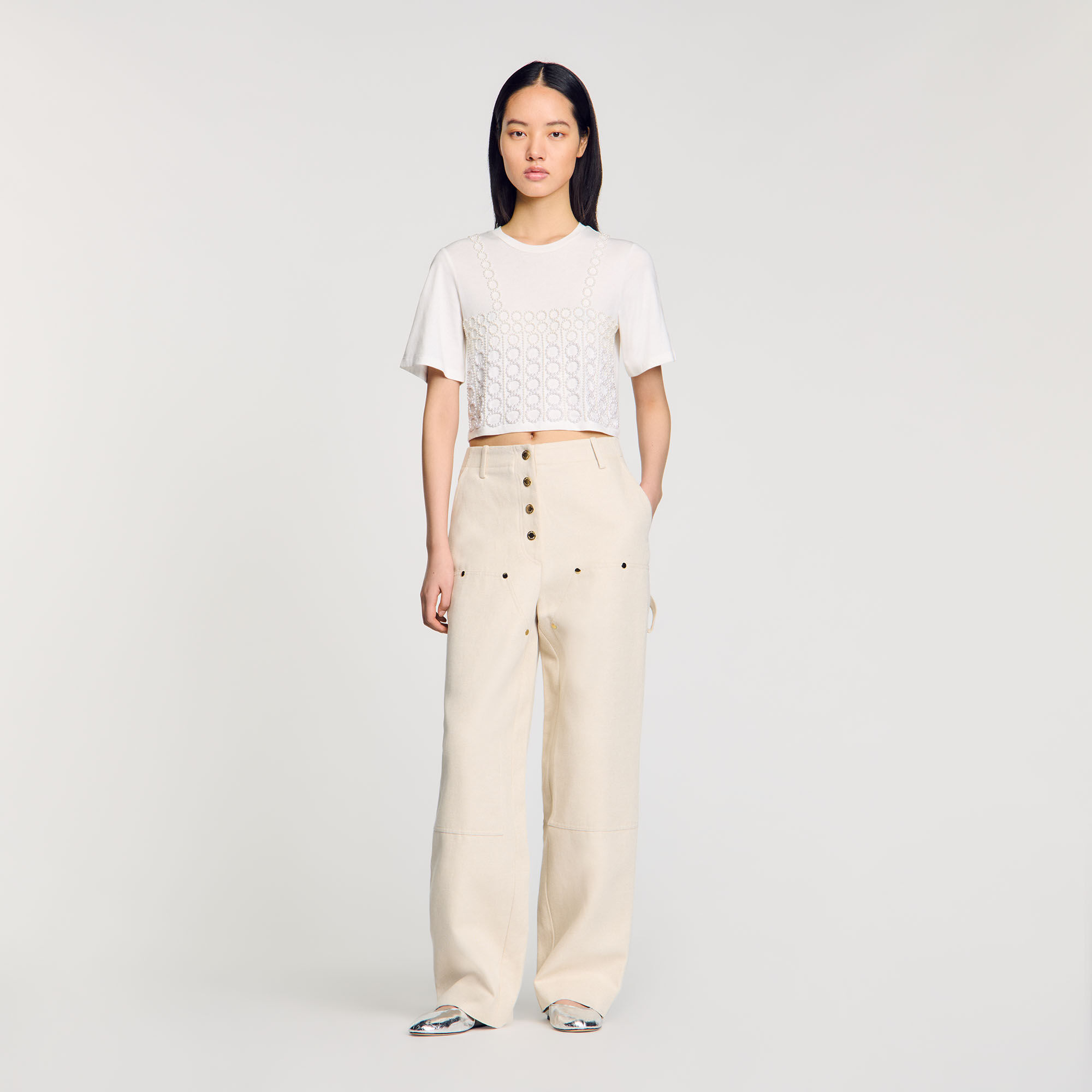 T-shirt crop fit met parels